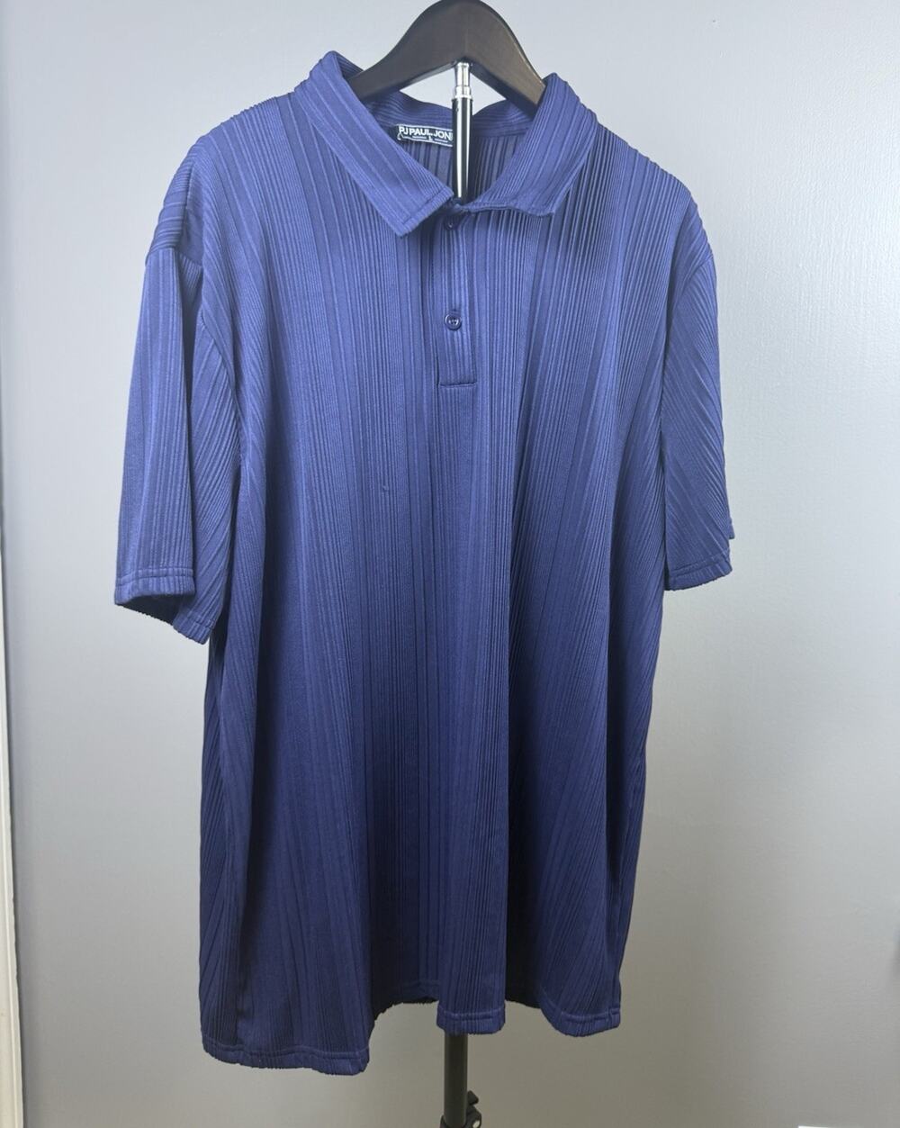 PJ PAUL JONES Men's Blue Striped Knit Short Sleeve Collared Polo Shirt L